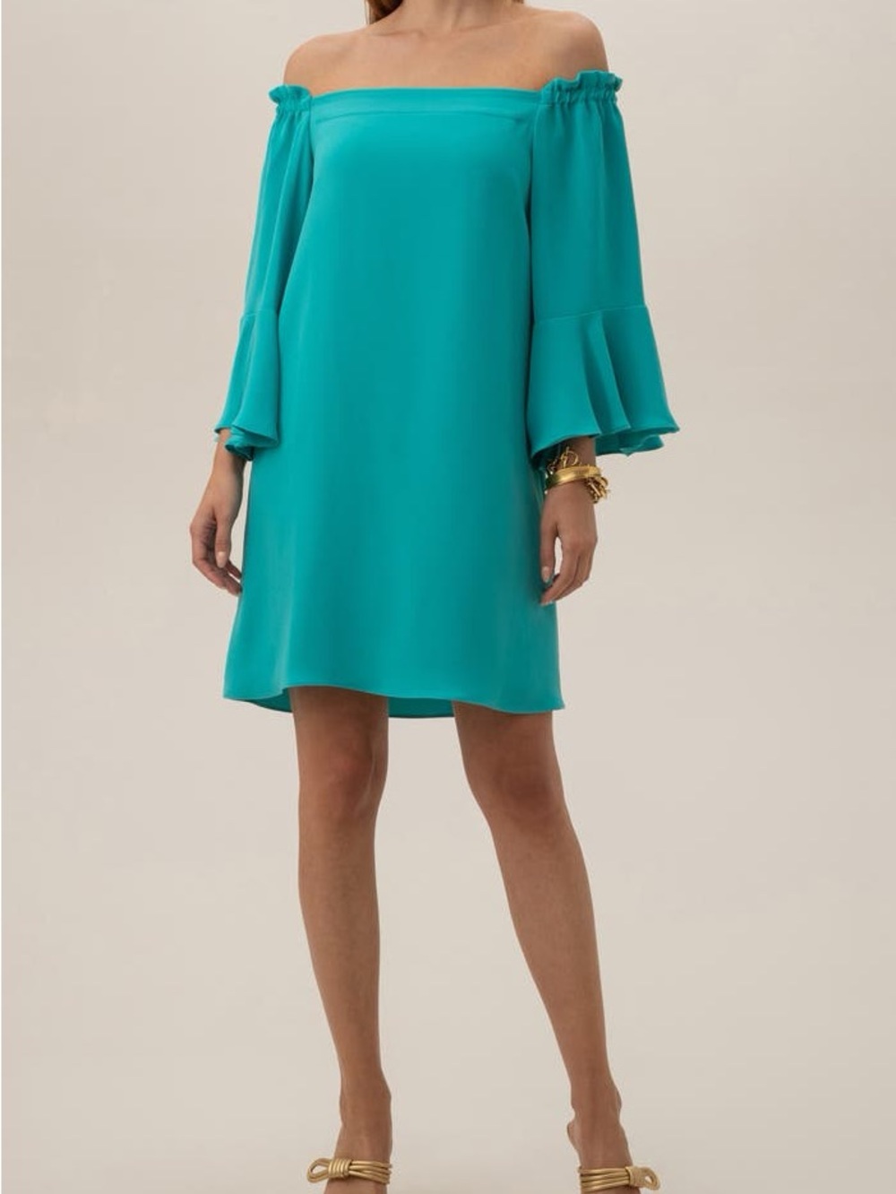 Trina Turk Knox Teal One-Shoulder Bell-Sleeve Dress. NWT Small